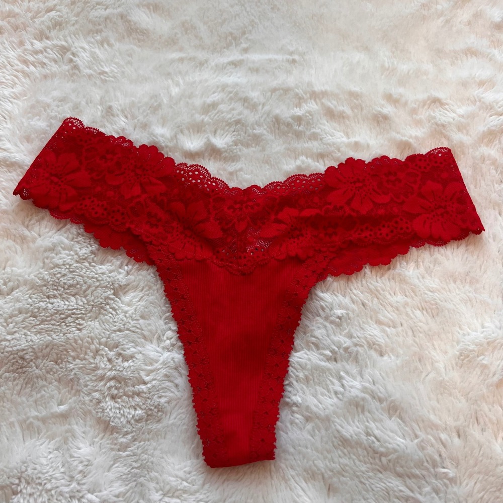 Victoria's Secret PINK Red Ribbed Cotton Floral Lace Thong Panty XS NWT 11255915